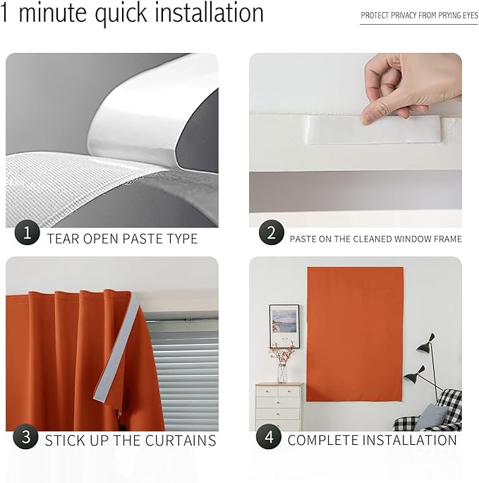 Self Adhesive Curtains Portable Blackout Curtain Simple and Easy to Install Bedroom Window Thermal Lnsulated Kitchen Room Darkening Black Small Drapes, 59" W X 96" L, Orange, 1 Panel
