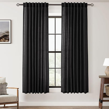 Black Linen Curtains 63 inches Long for Bedroom Back Tab Light Filtering Privacy Semi Sheer Black Curtains Living Room Boho Rustic Farmhouse Cotton Textured Gauze Curtain 2 Panel Set