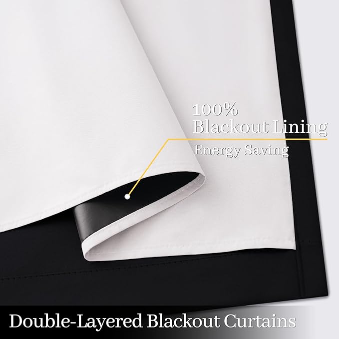 Yakamok 100% Blackout Curtain Panels 96 inches Cold and Light Blocking Drapes for Nursery, 2 Thick Layers Thermal Insulated Draperies (2 Pieces, 50 Wide Each Panel, Black Front with White Backing)