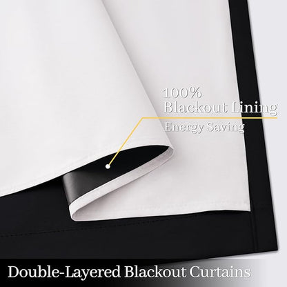 Yakamok 100% Blackout Curtain Panels 96 inches Cold and Light Blocking Drapes for Nursery, 2 Thick Layers Thermal Insulated Draperies (2 Pieces, 50 Wide Each Panel, Black Front with White Backing)