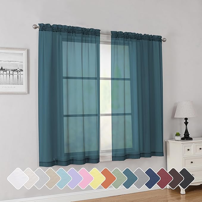 Simplebrand Dusty Blue Short Sheer Curtains 45 Inch Length for Small Windows, Rod Pocket 2 Panels Set Solid Voile Drapes Window Sheer Curtains for Bedroom Bathroom Kids Room Kitchen, 42x45 Inch, 2pcs