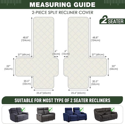 TAOCOCO 100% Waterproof Loveseat Recliner Covers 2 Seater, Split Loveseat Covers for Reclining loveseat, Non Slip Reclining Couch Cover with Double Straps for Kids, Pets(2 Seater, Vine Green)