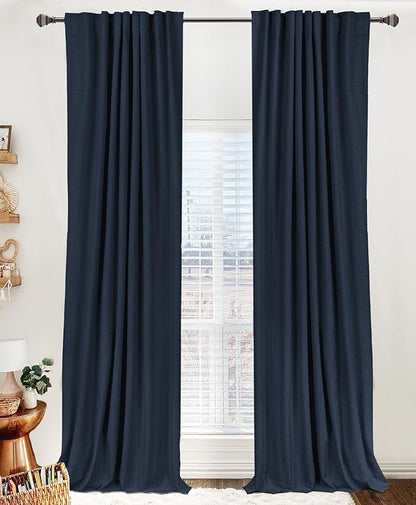 100% Blackout Shield Linen Blackout Curtains for Bedroom 90 Inches Long, Back Tab/Rod Pocket Living Room Drapes, Thermal Insulated Blackout Curtains 2 Panels Set, 50" W x 90" L, Navy