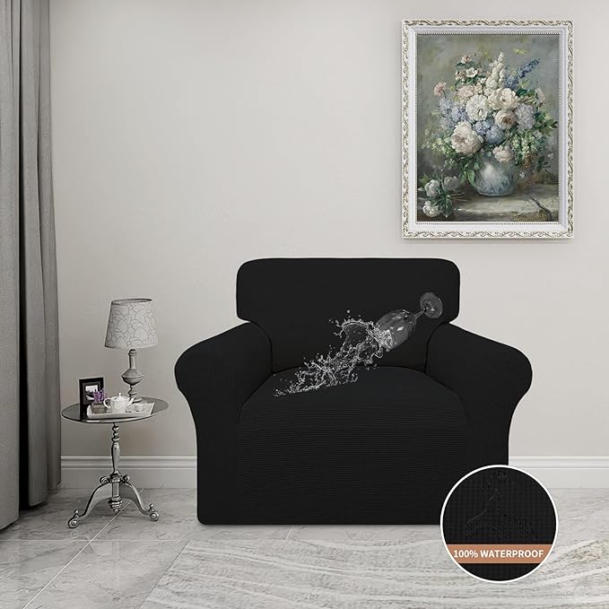 Easy-Going 100% Waterproof Chair Couch Cover, Dual Waterproof Sofa Cover, Stretch Jacquard Sofa Slipcover, Leakproof Furniture Protector for Kids, Pets, Dog and Cat (Chair, Black)