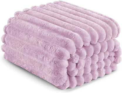 Exclusivo Mezcla Queen Size Flannel Fleece Blanket, Super Soft Striped Jacquard Bed Blanket, Lightweight Fuzzy Cozy for All Seasons, 90x90 Inches, Lilac Purple