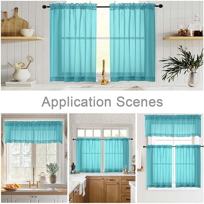 Turquoise Valances for Windows, Turquoise Sheer Curtains 14 Inch Length 2 Pack Kitchen Drapes, Modern Solid Mini Small Window Curtains for Cafe Bathroom Basement, Each 42" Wx14 L Inches