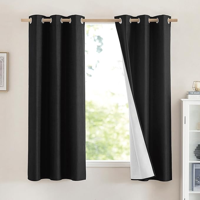 NICETOWN Vintage Open Linen Weave Flax Thermal Curtains, 100% Blackout Curtains 63 inches Long for Dining Room, Soundproof Window Treatment Drapes for Cupboard, Black, 42" Wide Per Panel, Set of 2