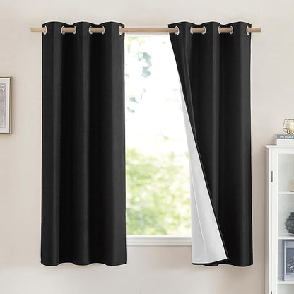 NICETOWN Vintage Open Linen Weave Flax Thermal Curtains, 100% Blackout Curtains 63 inches Long for Dining Room, Soundproof Window Treatment Drapes for Cupboard, Black, 42" Wide Per Panel, Set of 2
