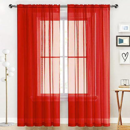 SpaceDresser Basic Rod Pocket Sheer Voile Window Curtain Panels White 1 Pair 2 Panels 70 Width 96 Inch Long for Kitchen Bedroom Children Living Room Yard(Red,70 W x 96 L)