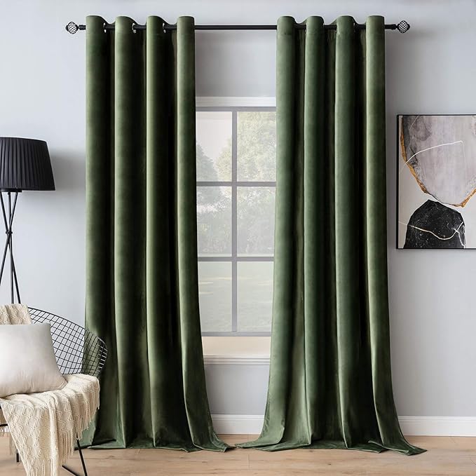 MIULEE Velvet Curtains Olive Green Elegant Grommet Curtains Thermal Insulated Soundproof Room Darkening Curtains/Drapes for Classical Living Room Bedroom Decor 52 x 80 Inch Set of 2