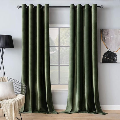 MIULEE Velvet Curtains Olive Green Elegant Grommet Curtains Thermal Insulated Soundproof Room Darkening Curtains/Drapes for Classical Living Room Bedroom Decor 52 x 80 Inch Set of 2