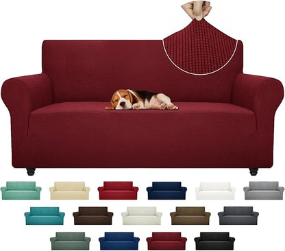 ZNSAYOTX Super Stretch Couch Cover (72"-92") Universal Sofa Covers with Elastic Bottom, Dog Cat Pets Friendly Washable Furniture Protector Fitted Sofa Slipcovers Stay in Place (Wine Red, Sofa)
