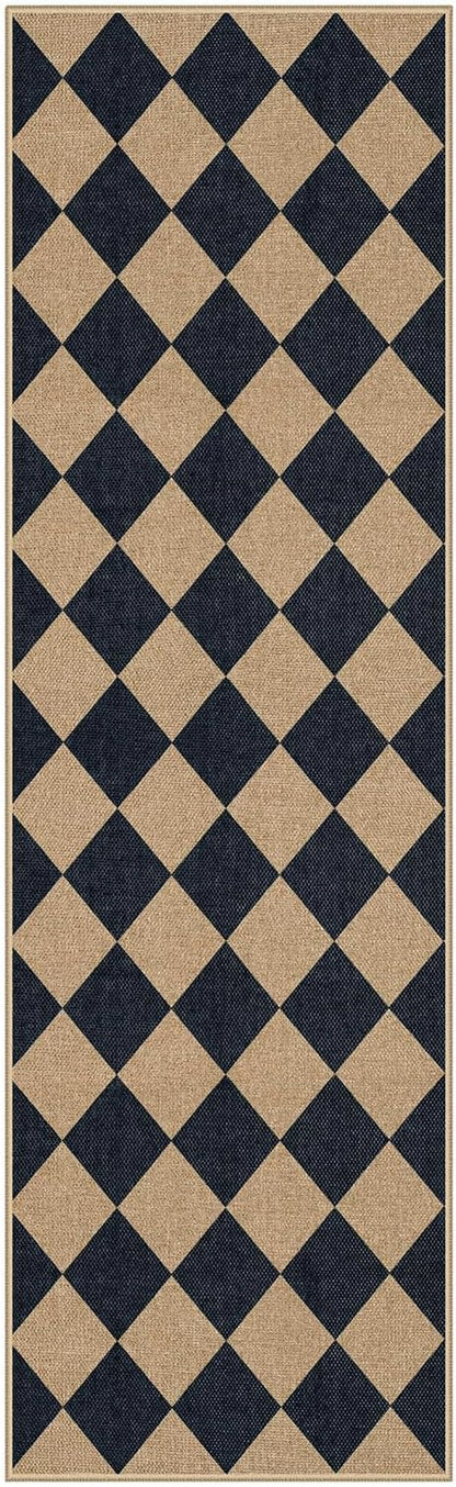 Lahome Colette Checkered Easy Jute Runner Rug, 2x8 Hallway Kitchen Runner Rug Non Slip Washable Outdoor Carpet for Entryway Indoor, Checkerboard Black Indoor Outdoor Carpet for Hallway 8ft Entry