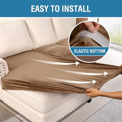 H.VERSAILTEX Velvet Stretch Sectional Couch Covers 3 Pieces Sofa Seat Cushion Covers L Shape Separate Cushion Couch Cover for Both Left/Right Sectional Couch (Large Sofa 2 Seater + 1 Chaise, Camel)