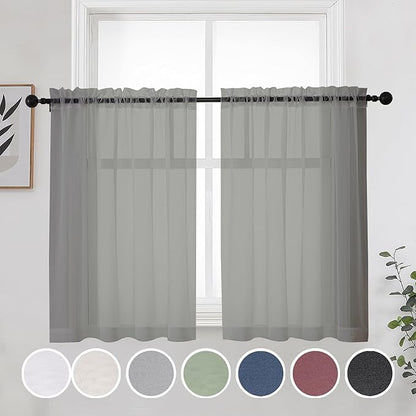 OWENIE Short Sheer Curtains 30 Inches 2 Panels Set, Kitchen Tiers Light Filtering Rod Pocket Cafe Curtains for Bathroom Small Half Window, 42 in W x 30 in L, Grey