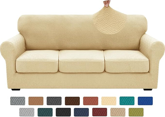 XINEAGE 2026 New 4 Pieces Couch Covers for 3 Cushion Couch Super Stretch Thick Soft Sofa Cover Anti Slip Sofa Slipcover Dogs Cats Furniture Protector (Beige, 71"-91")