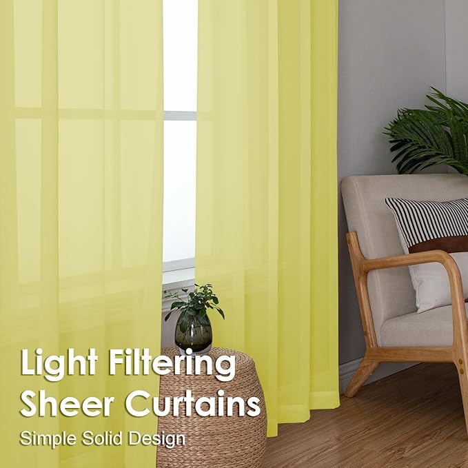 OVZME Sheer Curtains 63 inch Length 2 Panels Set for Bedroom Living Room, Soft Airy Elegant Light Filtering Sheer Curtains, Dual Rod Pocket Window Drapes, Each 42W x 63L Inches, Lemon