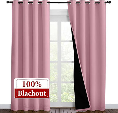 NICETOWN Total Shade Curtains and Draperies, Heavy-Duty Full Light Shading Drapes with Black Liner Backing for Villa/Hall/Dorm Window（Crystal Pink, Package of 2 Panels, 52 inches Wide x 95 inches Long