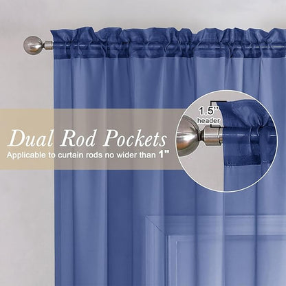 Lecloud Royal Blue Sheer Curtains 45 Inch Length 2 Panels, Voile Rod Pocket Curtain Drapes for Small Windows, Modern Farmhouse Curtains for Bedroom Bathroom Basement, Each Panel 42 X 45 Inch