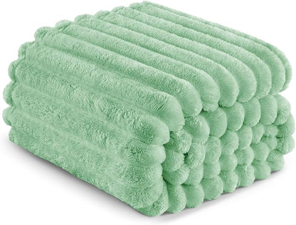 Exclusivo Mezcla Twin Size Flannel Fleece Blanket, Super Soft Striped Jacquard Bed Blanket, Lightweight Fuzzy Cozy for All Seasons, 60x80 Inches, Sage Green