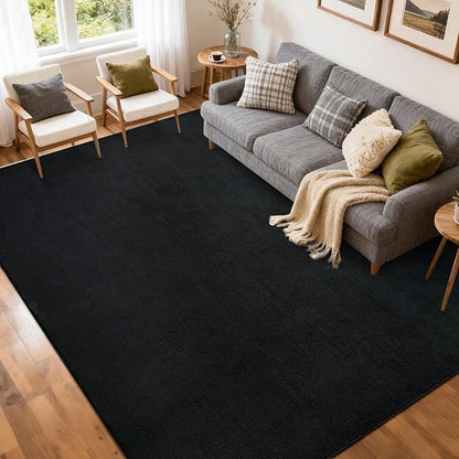 FinRèc 5x7 Washable Area Rugs for Bedroom Living Room, Low Pile Thin Rug Solid Color, Non-Slip Carpet Indoor for Home Decor (Pure Black)