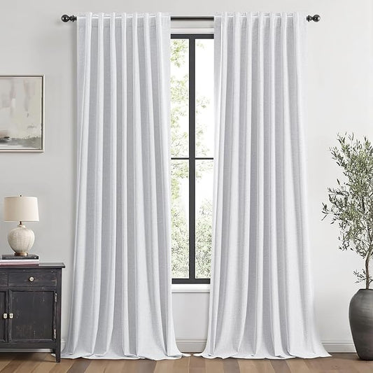 MIULEE 100% Blackout Linen Curtains for Bedroom, Grayish White Solid Luxury Decor Thermal Insulation Room Darkening Drapes for Living Room Nursery Back Tab Rod Pocket 42 x 96 Inches, 2 Panels