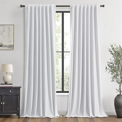 MIULEE 100% Blackout Linen Curtains for Bedroom, Grayish White Solid Luxury Decor Thermal Insulation Room Darkening Drapes for Living Room Nursery Back Tab Rod Pocket 42 x 108 Inches, 2 Panels