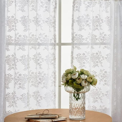 YJ YANJUN Vintage Lace Curtains 24 inch Length Victorian Floral Patterns Boho Cafe Half Curtains for Small Windows Basement Kitchen Bathroom 2 Panels 26" x 24" White