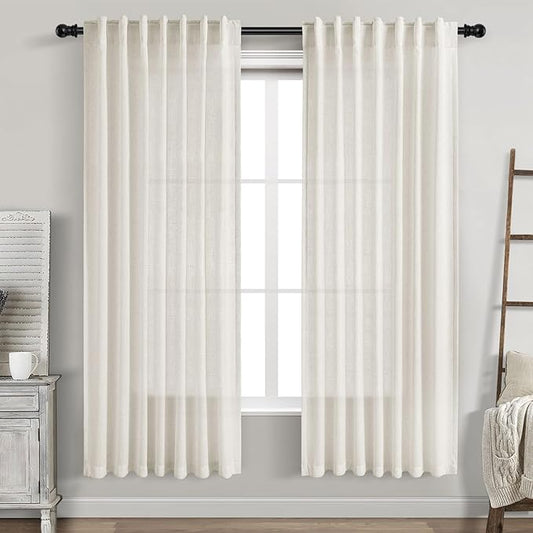 Nanspring Cream Semi Sheer Linen Curtains 73 Inch Length for Living Room Back Tab Rod Pocket Modern Farmhouse Coastal Decor Cotton Textured Gauze Curtains 73 Inches Long for Dining Room Office 52x73