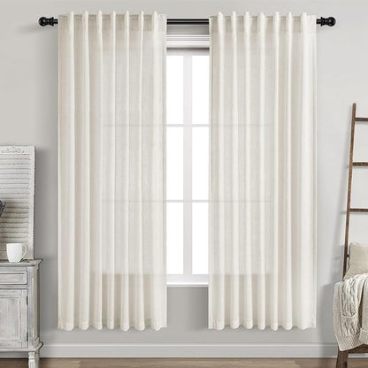 Nanspring Cream Semi Sheer Linen Curtains 76 Inch Length for Living Room Back Tab Rod Pocket Modern Farmhouse Coastal Decor Cotton Textured Gauze Curtains for Dining Room Office Kitchen 52x76