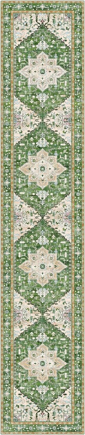 Yamaziot Washable Runner Rug, 2x10 Non-Slip Boho Vintage Hallway Rug Runner with Rubber Backing, Stain Resistant & Low Pile Faux Wool Distressed Carpet Runner for Kitchen, Laundry, Entrance, Green
