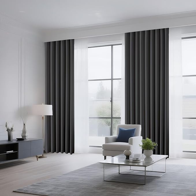 CUCRAF Dark Grey Blackout Curtains 90 inch Length 2 Panels Set, Rod Pocket Room Darkening Drapes for Bedroom Living Room, Insulated Thermal Light Blocking Window Curtain (W52 x L90 Inch)