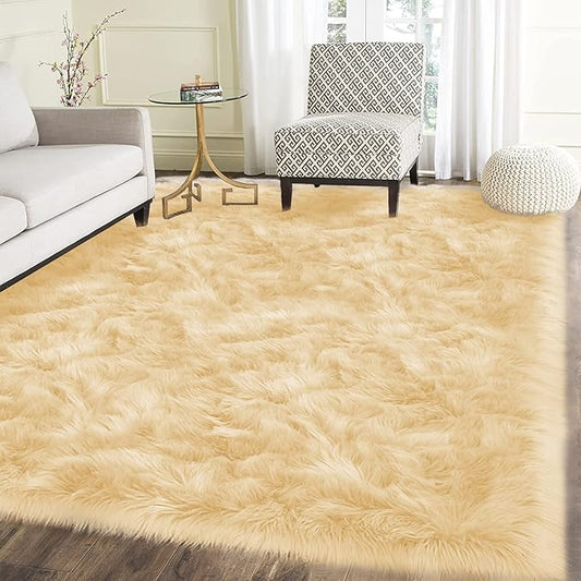 Latepis Yellow Area Rug for Living Room 6x9 Faux Fur Fluffy Rug Washable Sheepskin Rugs for Bedroom Boho Furry Rugs, Rectangle