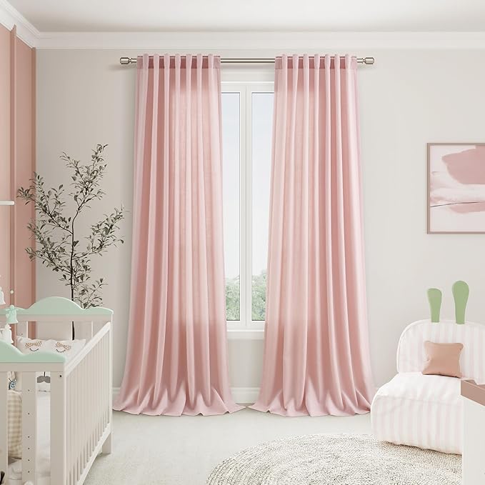 Nanspring Pink Linen Curtains 96 Inches Long 2 Panels Set for Baby Girl Bedroom Back Tab Rod Pocket Semi Sheer Light Filtering Drape for Bedroom Home Decor Protect Privacy 52x96