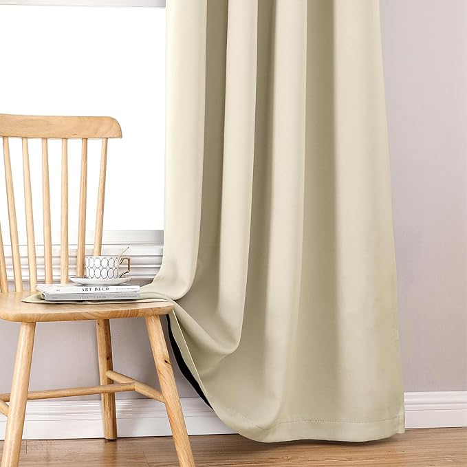ChrisDowa 100% Blackout Curtains 63 inch Long for Bedroom with Black Liner, 2 Thick Layers Total Blackout Thermal Insulated Grommet Window Curtains 2 Panels Set (Light Beige, 42 x 63 Inch)