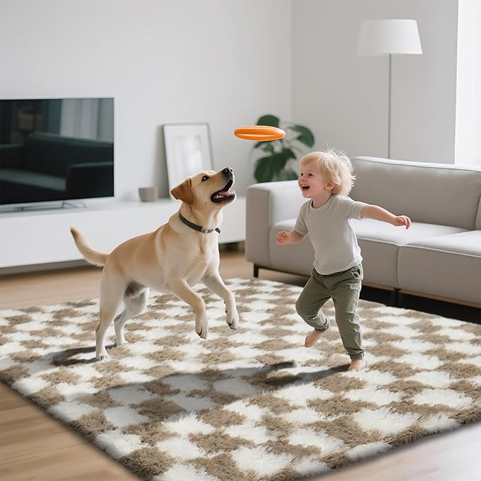 Checkered Area Rugs for Living Room 8x10, Fluffy Beige and White Checkered Rug Fuzzy Shag Shaggy Carpets for Bedroom, Soft Plush Furry Rug for Boy Girls Room Dorm Home Decor