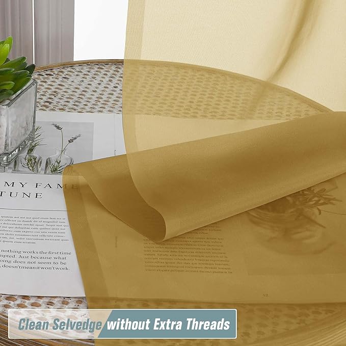 Gold Sheer Curtains 90 Inches Long 2 Panels, Light Filtering Solid Sheer Curtains for Bedroom Living Room, Lightweight Soft Airy Window Voile Sheer Drapes, Dual Rod Pocket, 2x42Wx90L Inches