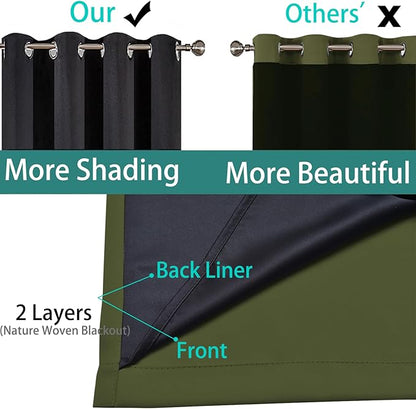 Yakamok 100% Blackout Curtains 96 Inches Long, 2 Thick Layers Heat and Full Light Blocking Soft Thermal Insulated Drapes for Bedroom(52" Wide Each Panel, Olive Green, 1 Panel)