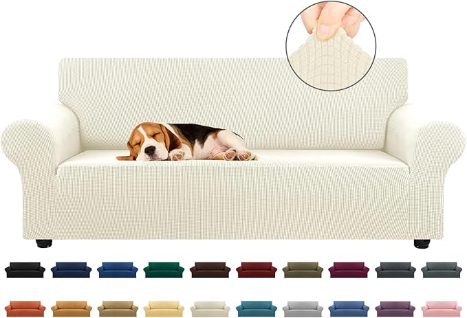 KEKUOU Stretch Sofa Cover Slipcover ，Couch Covers for 3 Cushion Couch Sofa pet Friendly (78"-94") Furniture Protector Sofa with Elastic Bottom for Kids,Dog, Jacquard Small Checked(Large,Beige)