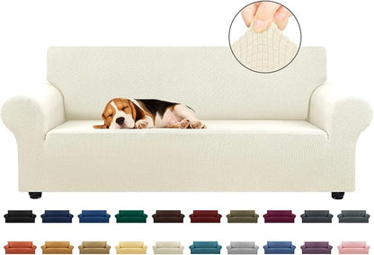 KEKUOU Stretch Sofa Cover Slipcover ，Couch Covers for 3 Cushion Couch Sofa pet Friendly (78"-94") Furniture Protector Sofa with Elastic Bottom for Kids,Dog, Jacquard Small Checked(Large,Beige)