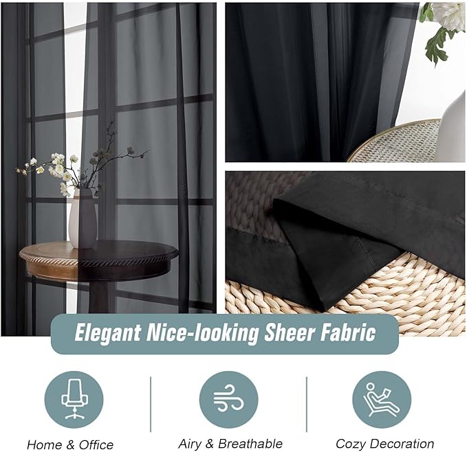 Halloween Black Sheer Curtains 63 Inch Length 2 Panels, Voile Sheer Curtain for Living Room, Breathable Light Filtering Window Treatments, Soft Fabric Dual Rod Pocket Drapes, 2x42Wx63L Inches