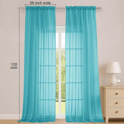 OWENIE Turquoise Sheer Curtains 120 Inches Long 2 Panels Set, Airy Lightweight Sheer Turquoise Curtain for Living Room Bedroom, Farmhouse Voile Filmy Rod Pocket Curtains Drapes, 2 Pcs, Each 59"Wx120"L
