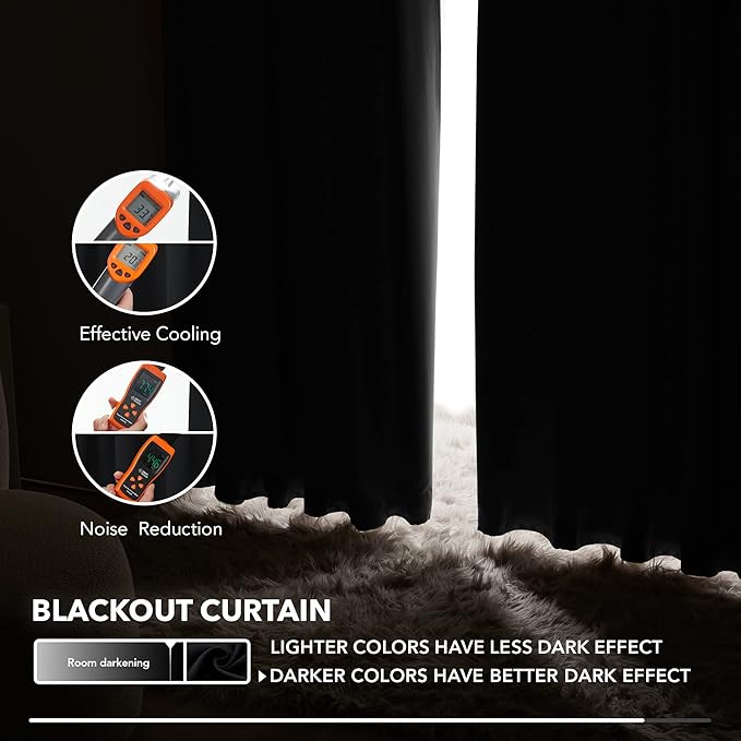 Deconovo Blackout Curtains, Thermal Insulated, W52 x L45 2 Panels, Back Tab, Machine Washable, Room-Darkening Drapes for Bedroom/Living Room Black