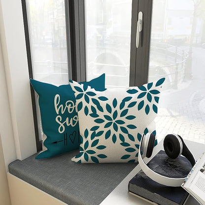 YCOLL Pillow Covers 18x18 Set of 4, Modern Sofa Throw Pillow Cover, Decorative Outdoor Linen Fabric Pillow Case for Couch Bed Car,Teal