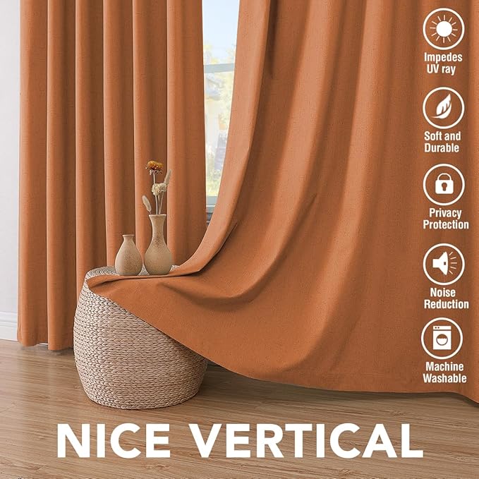 H.VERSAILTEX 100% Blackout Curtains for Bedroom Thermal Insulated Linen Textured Curtains Heat and Full Light Blocking Drapes Living Room Curtains 2 Panel Sets, Orange, 52x54 Inch