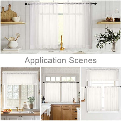 Ivory Valances for Windows, Ivory Sheer Curtains 14 Inch Length 2 Pack Kitchen Drapes, Modern Solid Mini Small Window Curtains for Cafe Bathroom Basement, Each 42" Wx14 L Inches