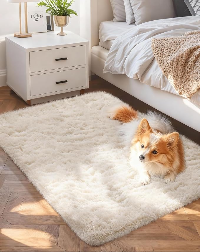 Ophanie Small Ivory Entryway Throw Rugs for Bedroom, 2x4 Mini Area Rug, Affordable Non Slip Fluffy Carpet, Fuzzy Soft Living Room Rugs, Home Decor Aesthetic, Nursery