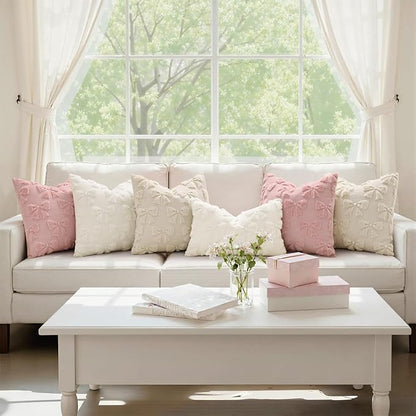 decorUhome Beige Bow Pillow Covers Set of 2 Coquette Aesthetic Cute Preppy Plush Faux Pillowcases for Girly Bedroom or Couch 16x16 Inch