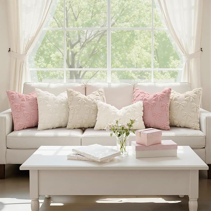 decorUhome Cream White Bow Pillow Covers Set of 2 Coquette Aesthetic Cute Preppy Plush Faux Pillowcases for Girly Bedroom or Couch 16x16 Inch