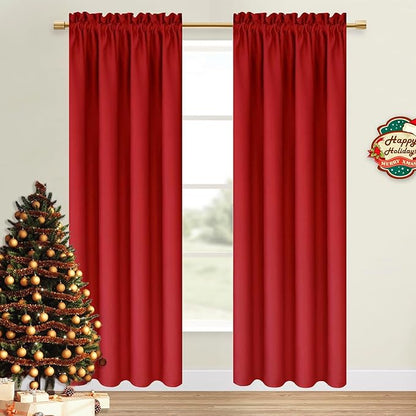 DWCN Christmas Blackout Curtains for Bedroom – Thermal Insulated Energy Saving Drapes for Living Room, Red, W 38 x L 84 Inch, Set of 2 Rod Pocket Curtain Panels